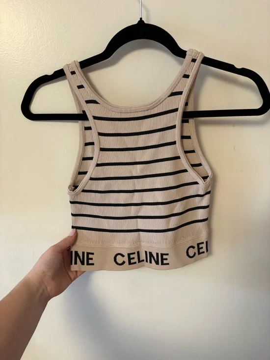 Celine Beige Striped Ribbed Crop Tank Top - Picture 4 of 5